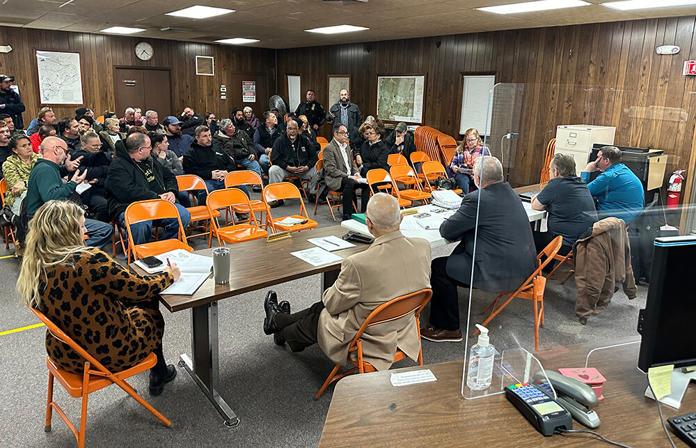 A large crowd of mostly supporters of a proposed drag strip in Modena speak against a proposed local law that would ban racing in the town at the January 17 Plattekill Town Board meeting.